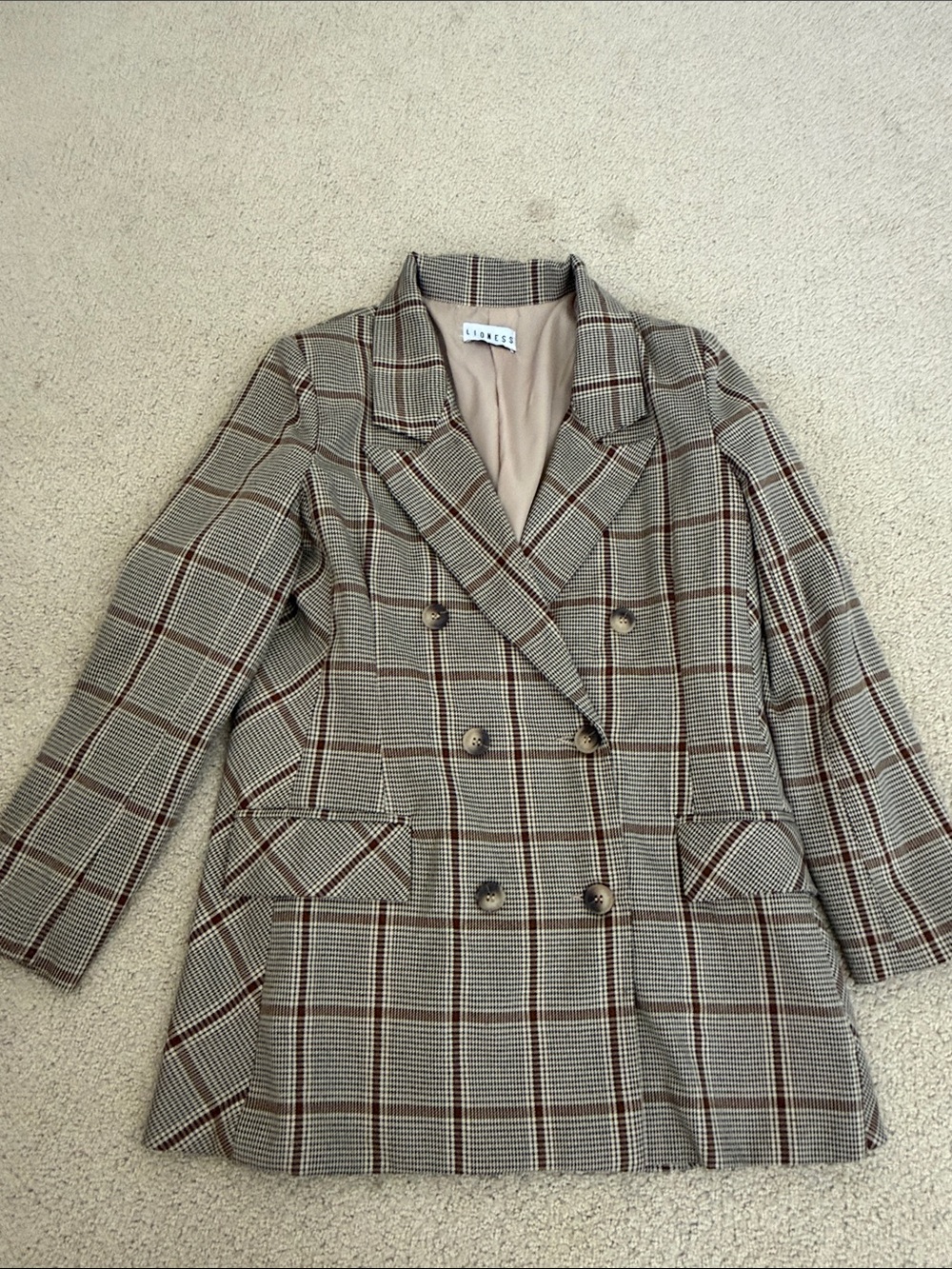 Lioness Taupe and Brown Plaid Double-Breasted Blazer